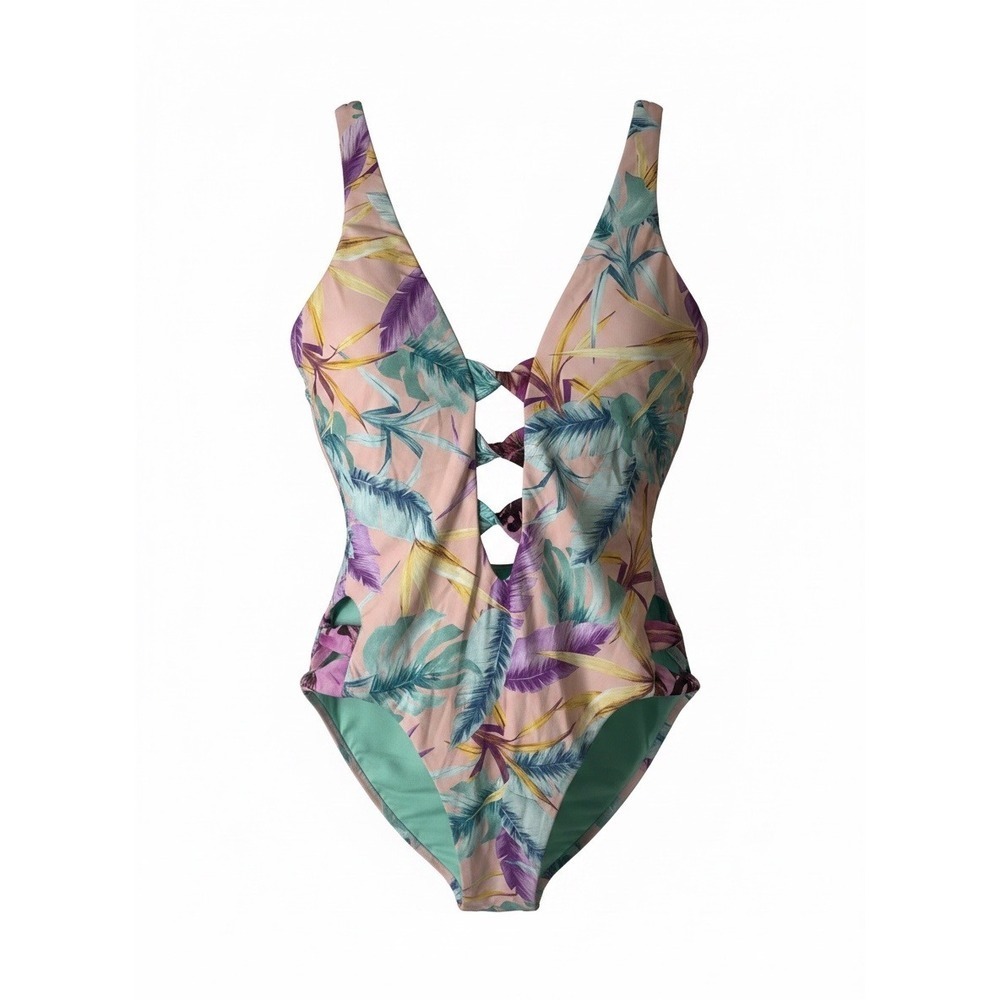 Bar III Womens Tropical Print Lattice One Piece Swimsuit Pink Green Small NEW - Picture 1 of 4
